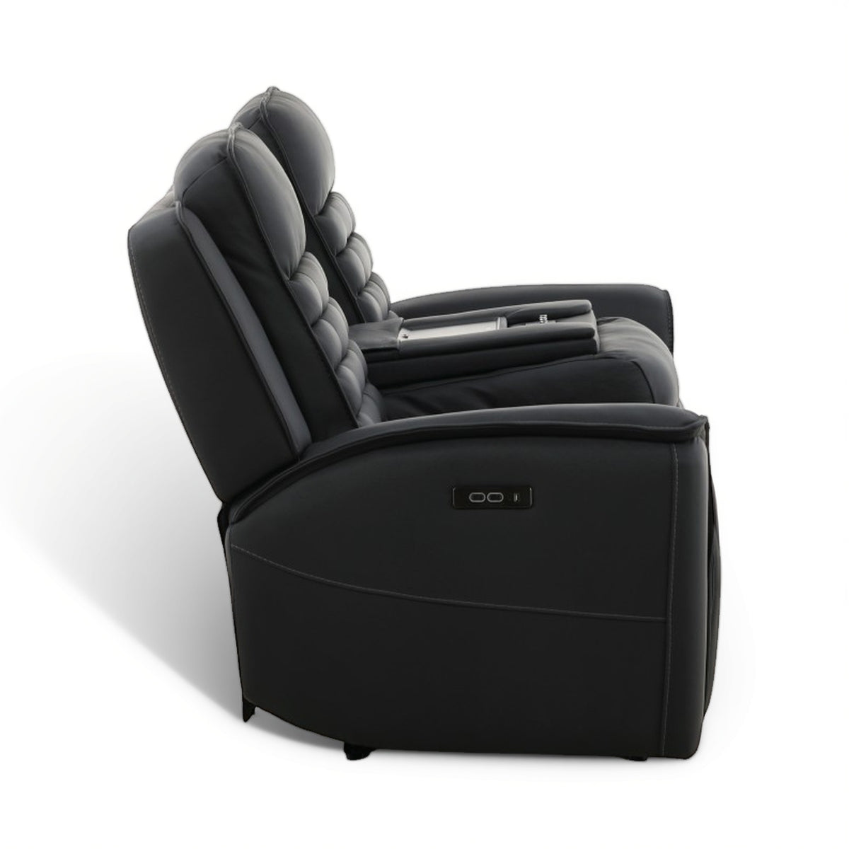 Black power reclining sofa chair shown at an angle, with tufted back and armrest controls