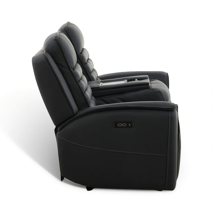 Black power reclining sofa chair shown at an angle, with tufted back and armrest controls
