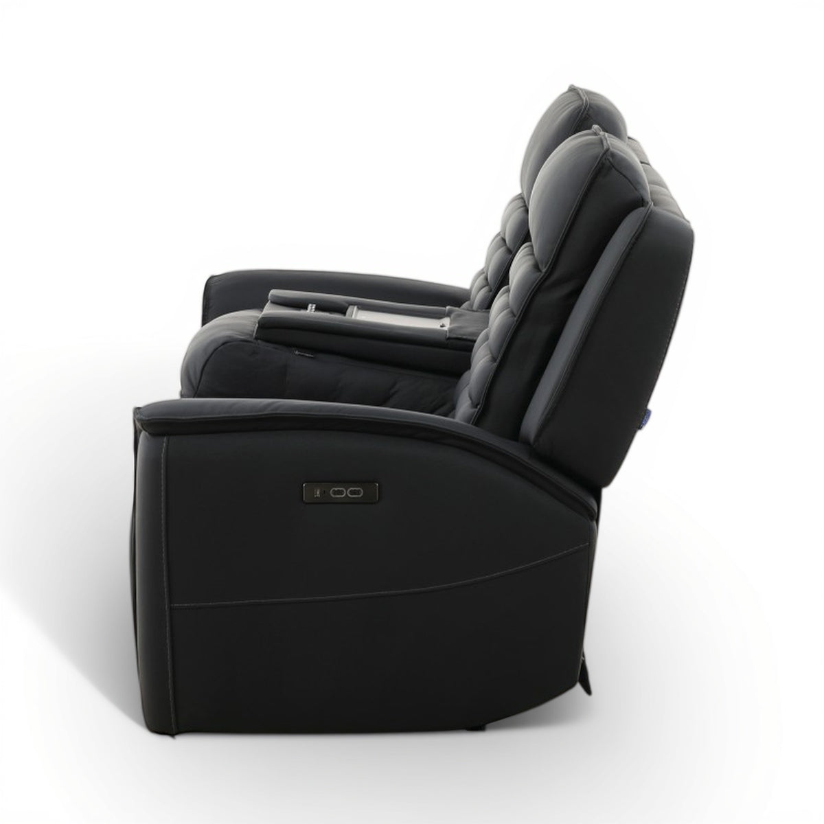 Black power reclining sofa chair with padded armrests and stitched seat cushions