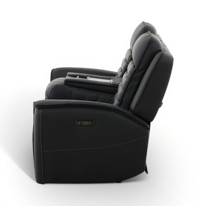 Black power reclining sofa chair with padded armrests and stitched seat cushions