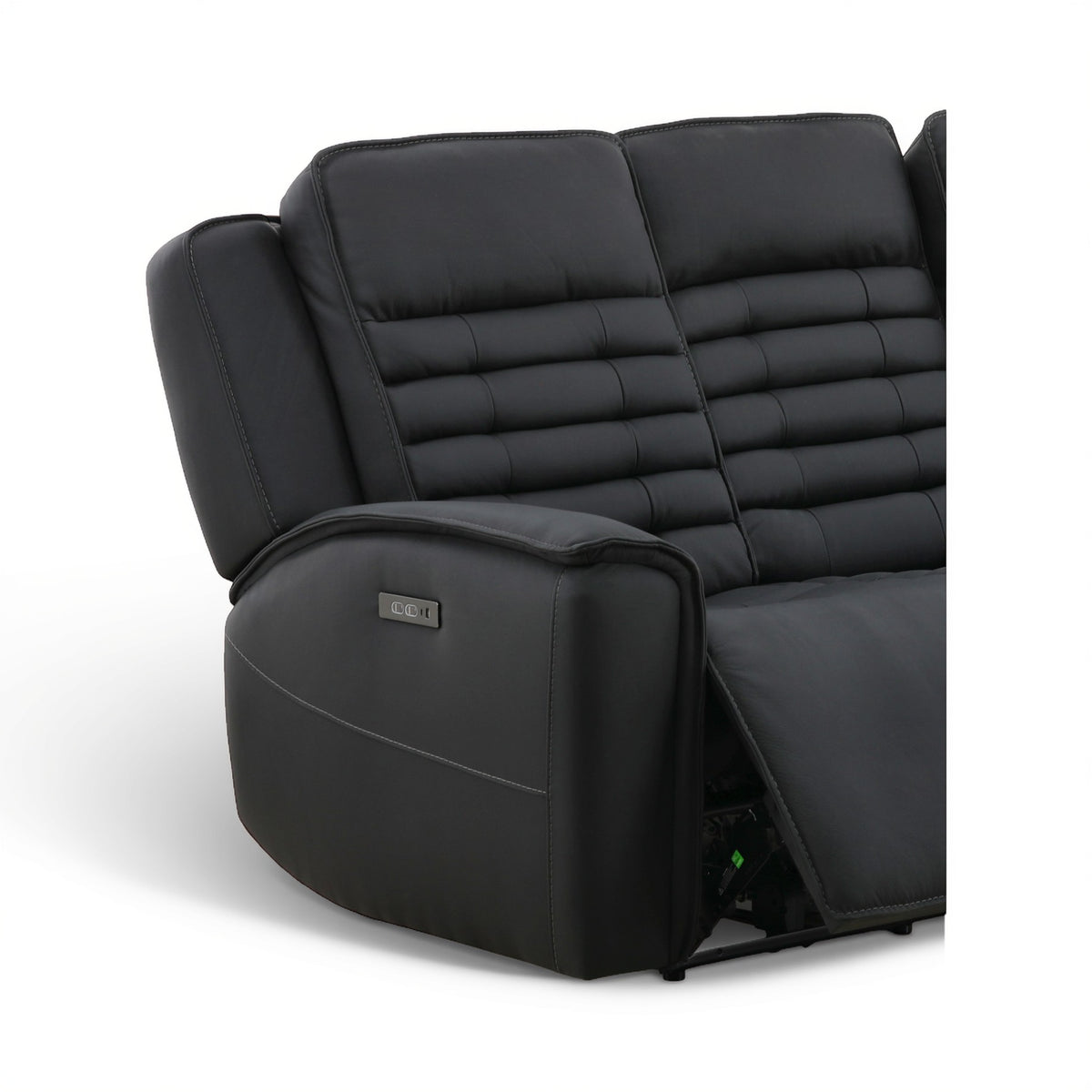 Black leather power reclining sofa close-up of armrest and recline mechanism with indicator light.
