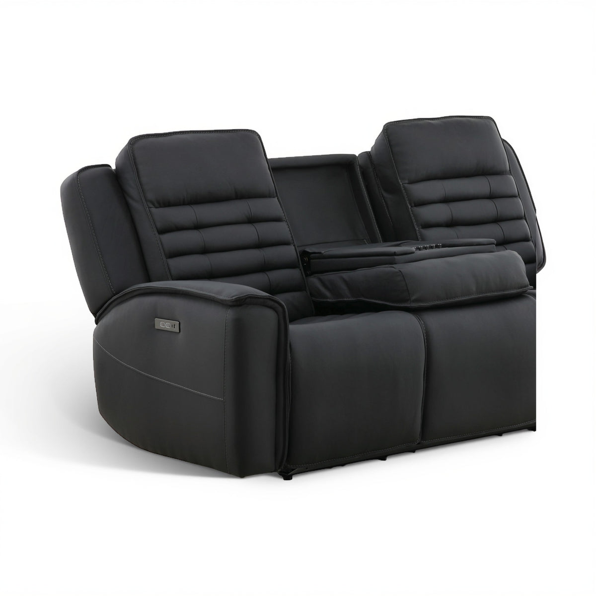 Black leather power reclining sofa angled view with quilted backrests and padded seating.