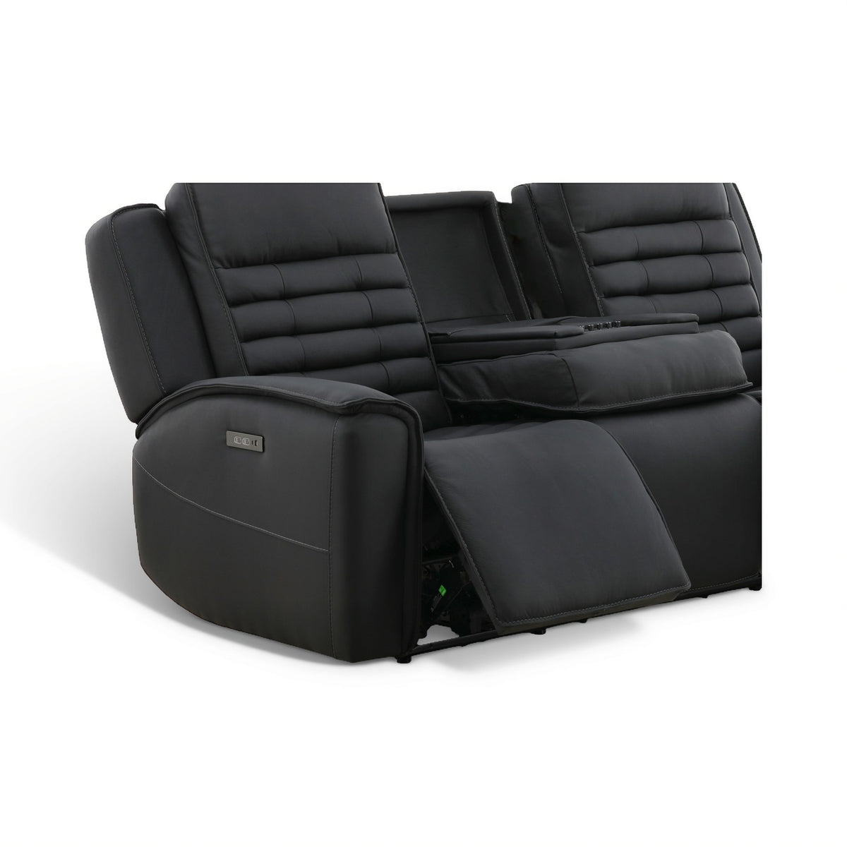 Black leather power reclining sofa side view with extended footrest and reclined seat back.