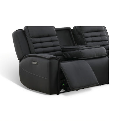 Black leather power reclining sofa side view with extended footrest and reclined seat back.
