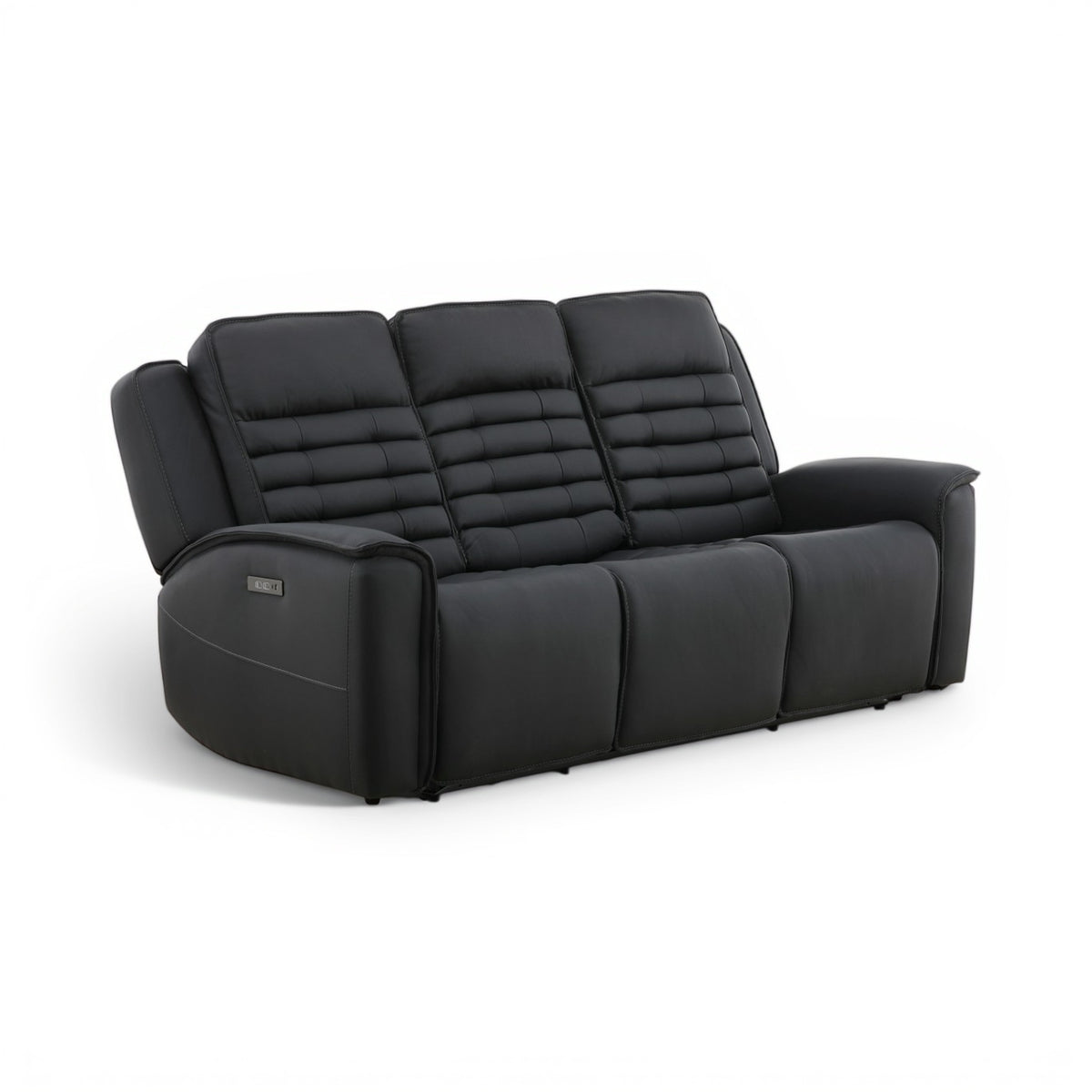 Black power reclining sofa with three seat sections and quilted back cushions