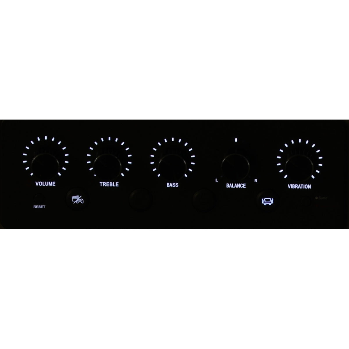 Sofa audio control panel with volume, treble, bass, balance, and vibration dials