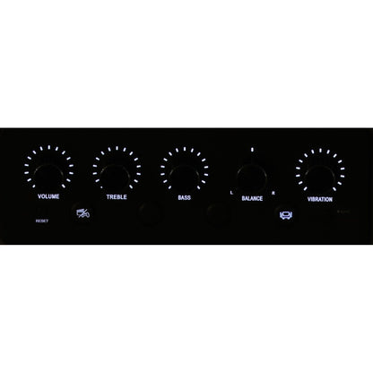 Sofa audio control panel with volume, treble, bass, balance, and vibration dials
