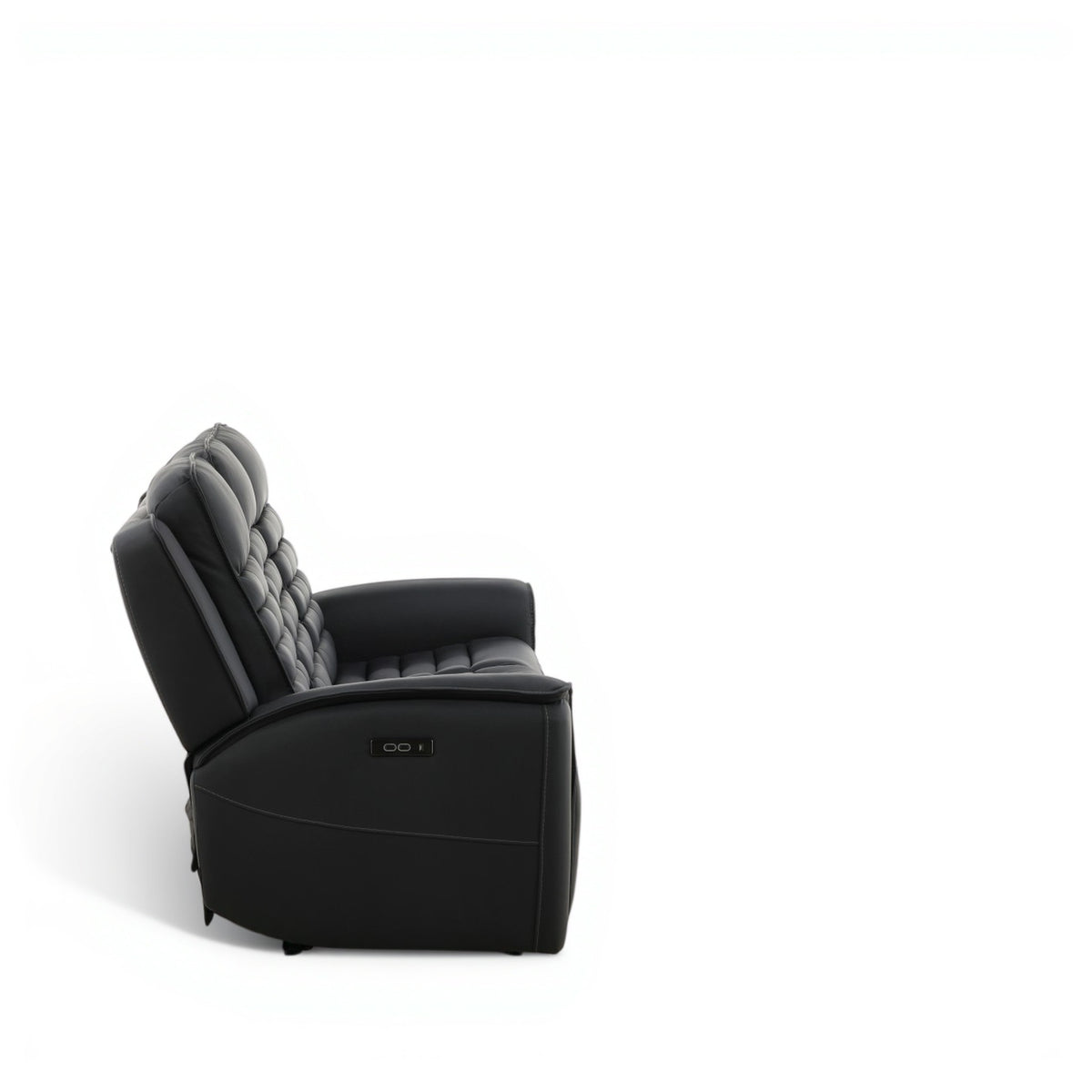 Black leather power reclining sofa side view with tufted back and curved armrest profile.