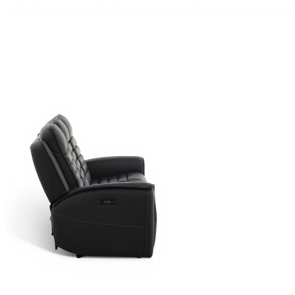 Black leather power reclining sofa side view with tufted back and curved armrest profile.