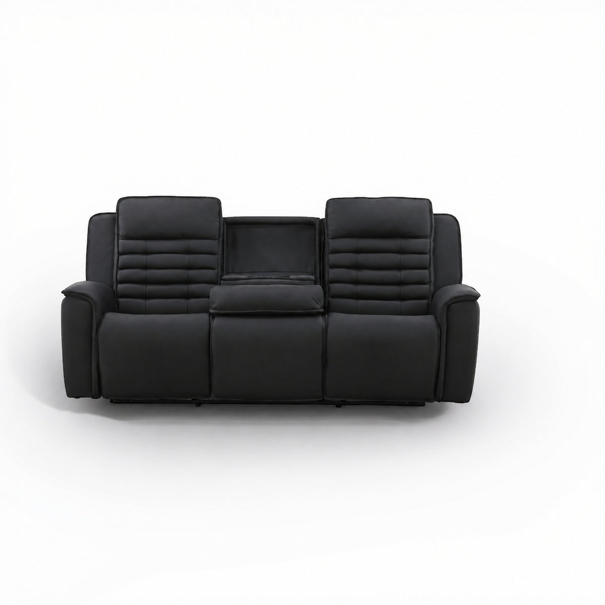 Black leather power reclining sofa with wide center backrest and recline cushions.