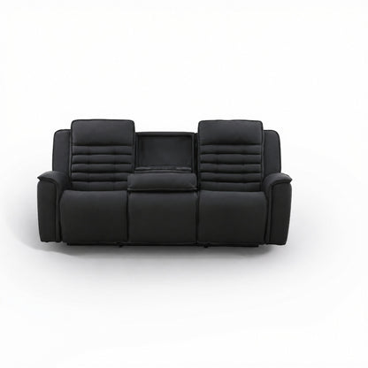 Black leather power reclining sofa with wide center backrest and recline cushions.