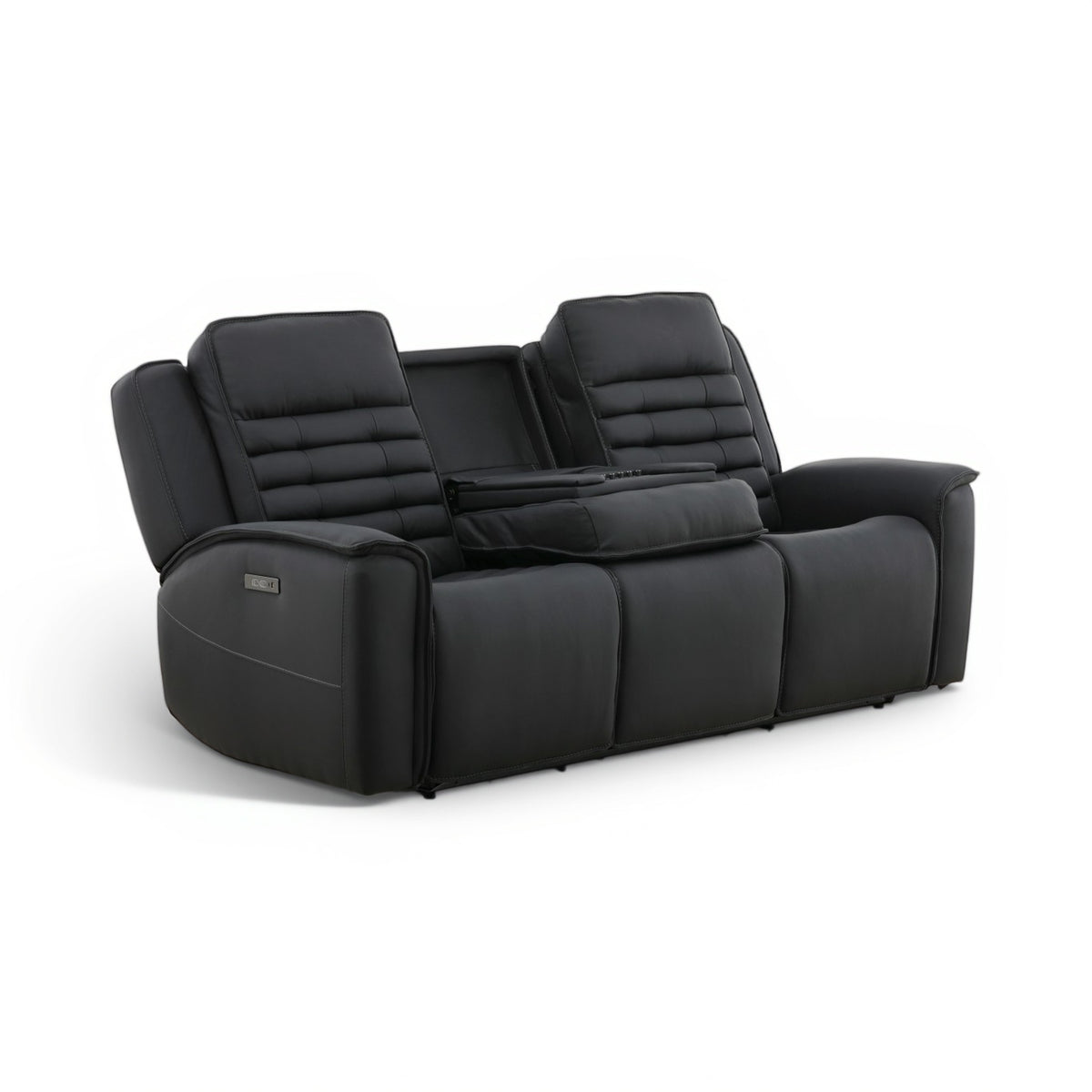 Black leather power reclining sofa with quilted back panels and integrated recline seat cushions.