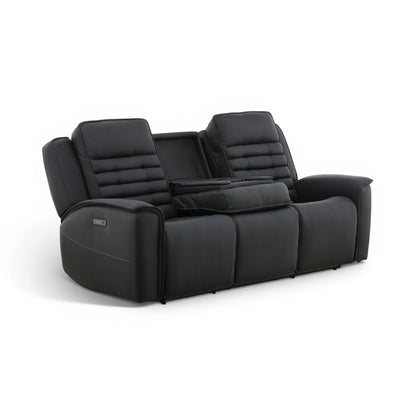 Black leather power reclining sofa with quilted back panels and integrated recline seat cushions.