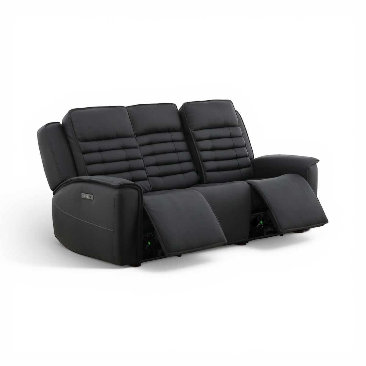 Black leather power reclining sofa with two reclined footrests and quilted back cushions.