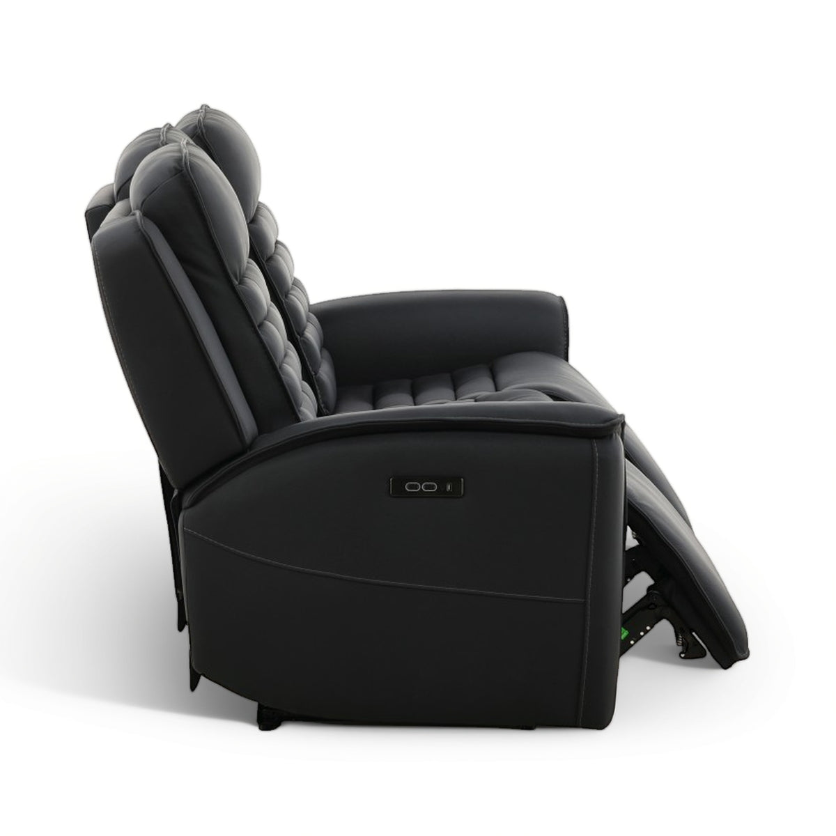 Black leather power reclining sofa with extended side leg support and padded arm controls panel.
