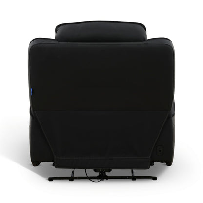 Black leather power recliner back and seat with built-in control panel