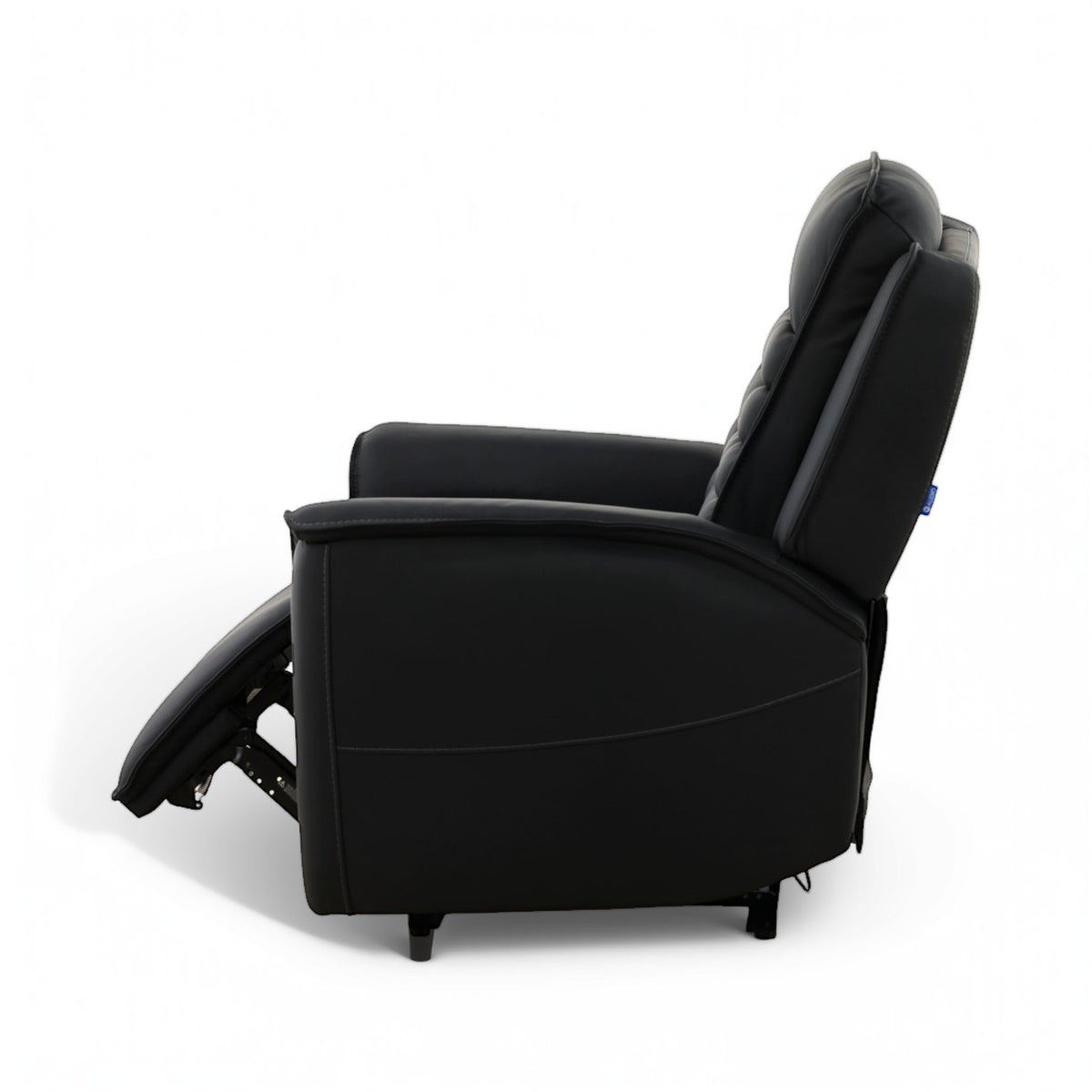 Black leather power recliner with extended footrest and wide padded arms