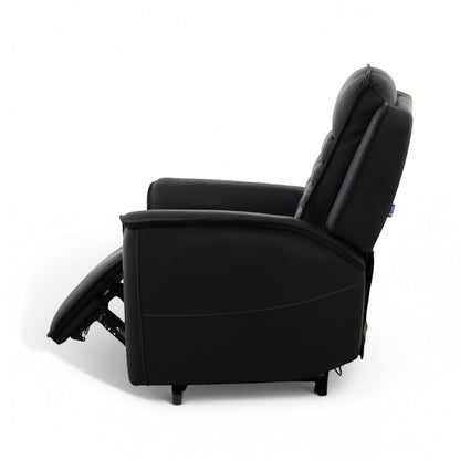 Black leather power recliner with extended footrest and wide padded arms