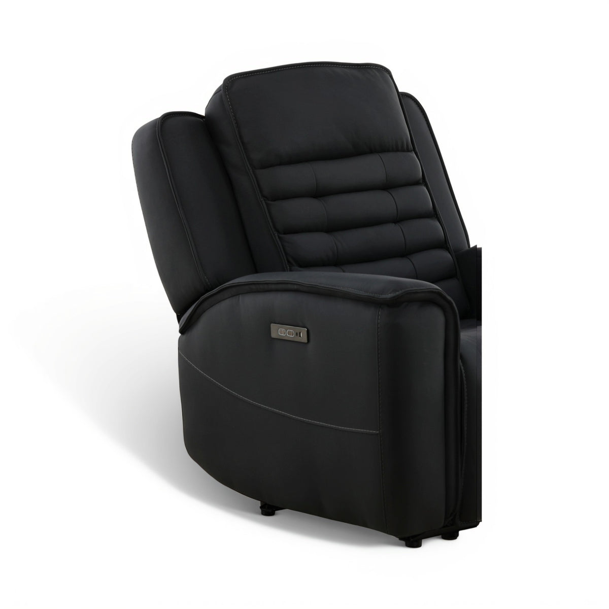 Black leather power recliner with padded armrest and side control buttons