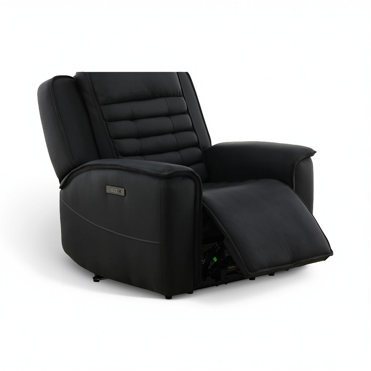 Black leather power recliner with headrest and extended ottoman footrest