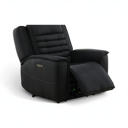 Black leather power recliner with headrest and extended ottoman footrest