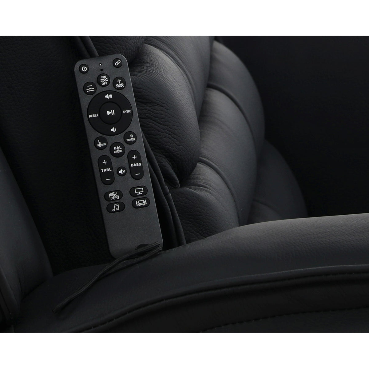 Leather recliner remote control with audio and bass button icons