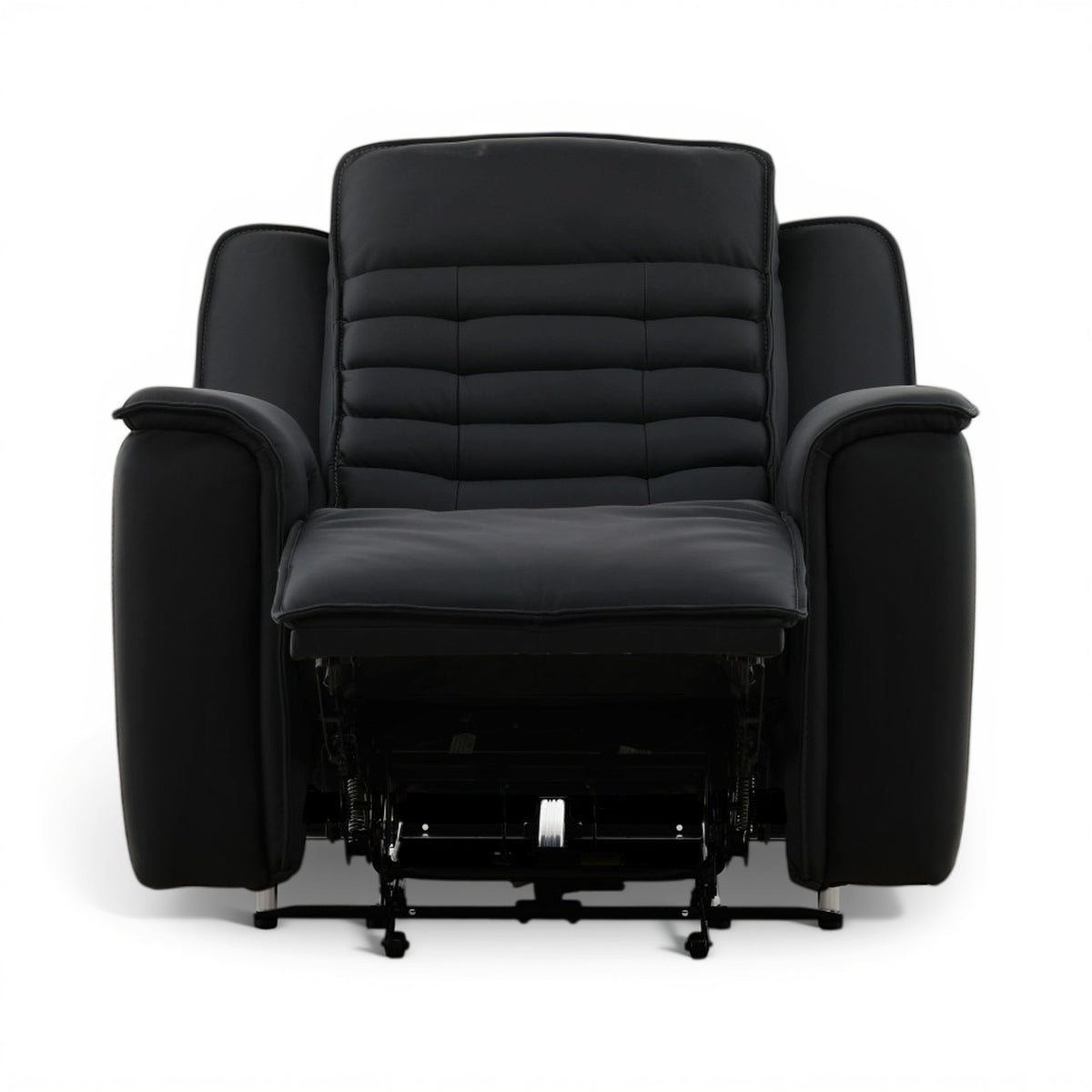 Black leather power recliner front view with recline mechanism exposed under seat