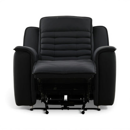 Black leather power recliner front view with recline mechanism exposed under seat