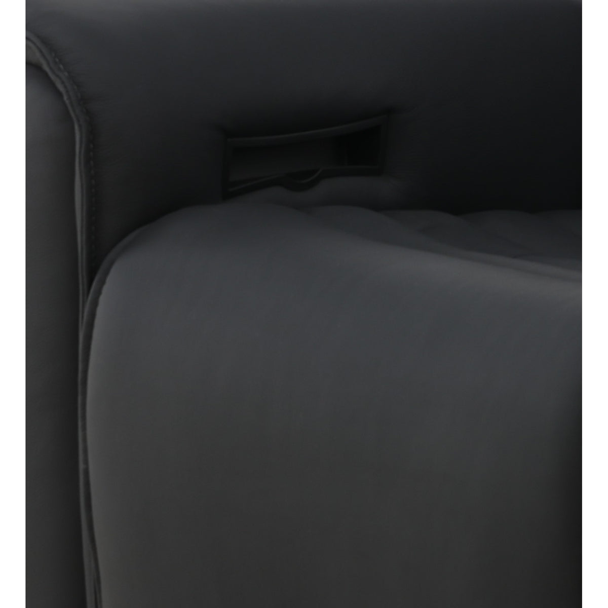Black leather recliner seat cushion with stitched edge and armrest
