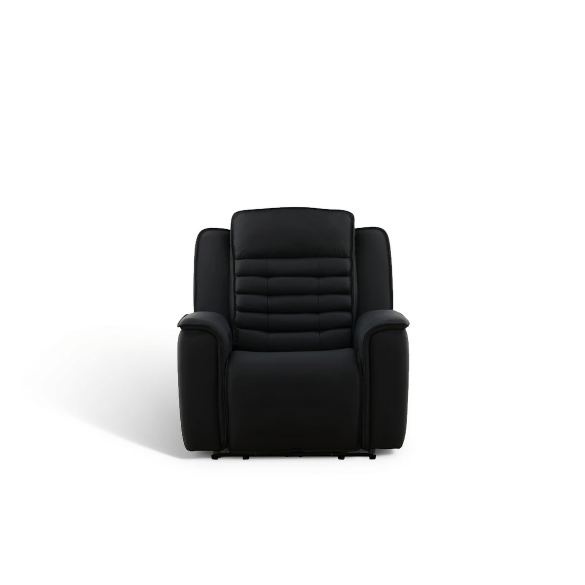 Black leather power recliner front view with quilted backrest and rounded armrests