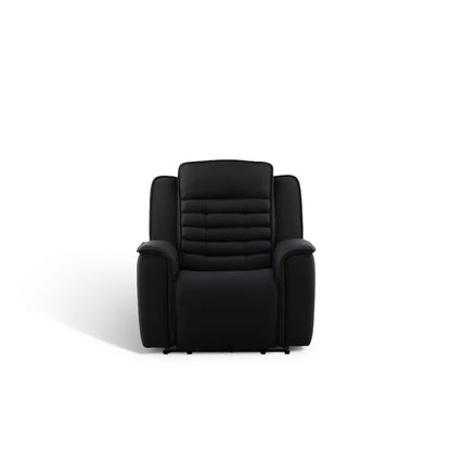 Black leather power recliner front view with quilted backrest and rounded armrests