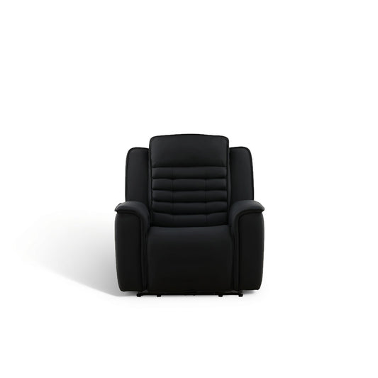 Black leather power recliner front view with quilted backrest and rounded armrests