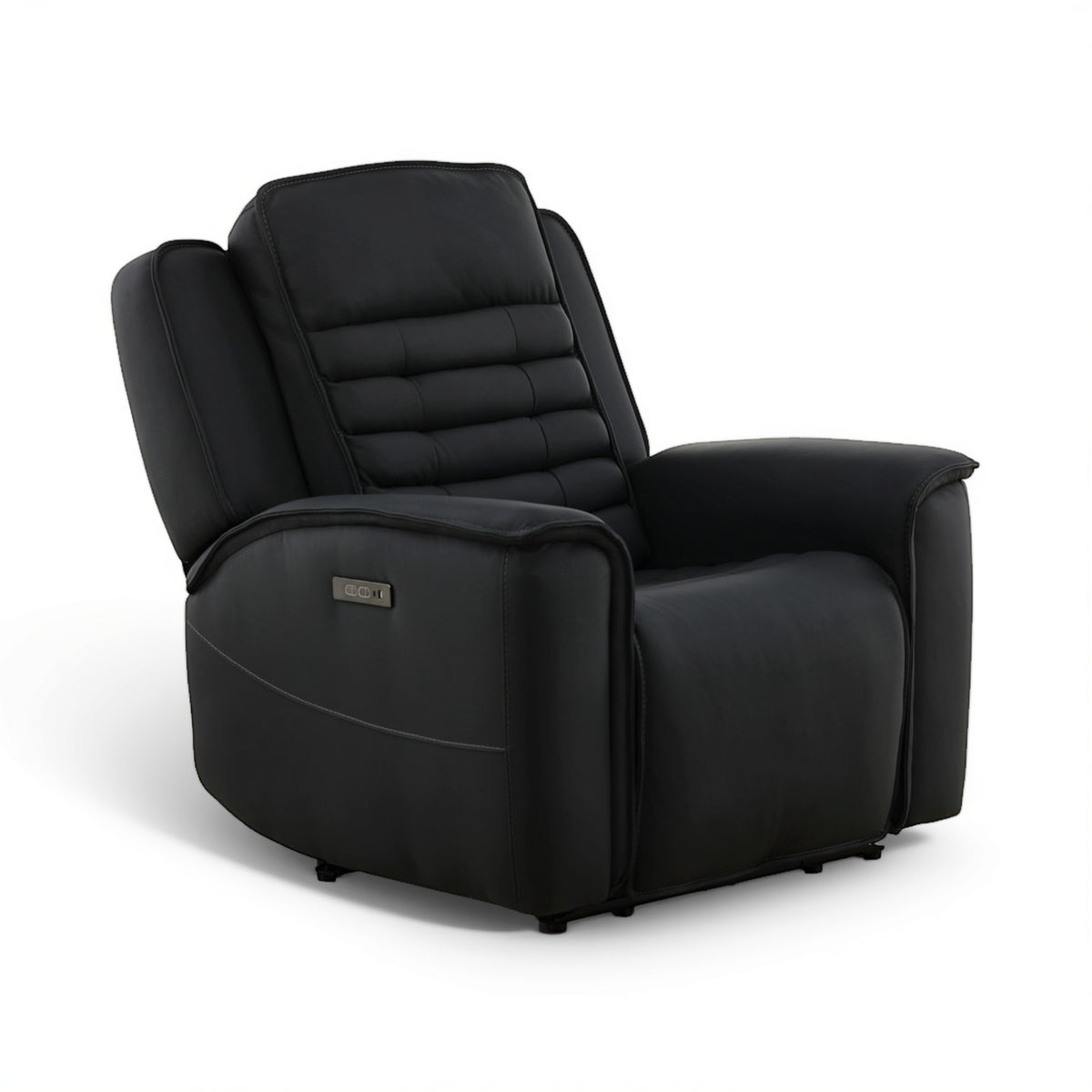 Black leather power recliner with quilted back and smooth padded seat, upright