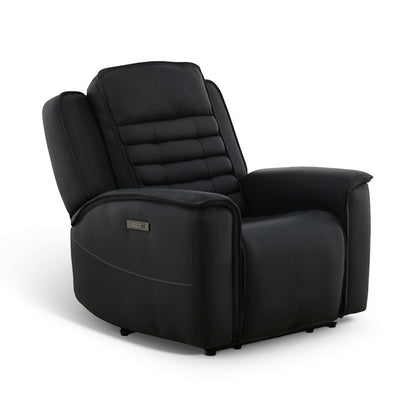 Black leather power recliner with quilted back and smooth padded seat, upright