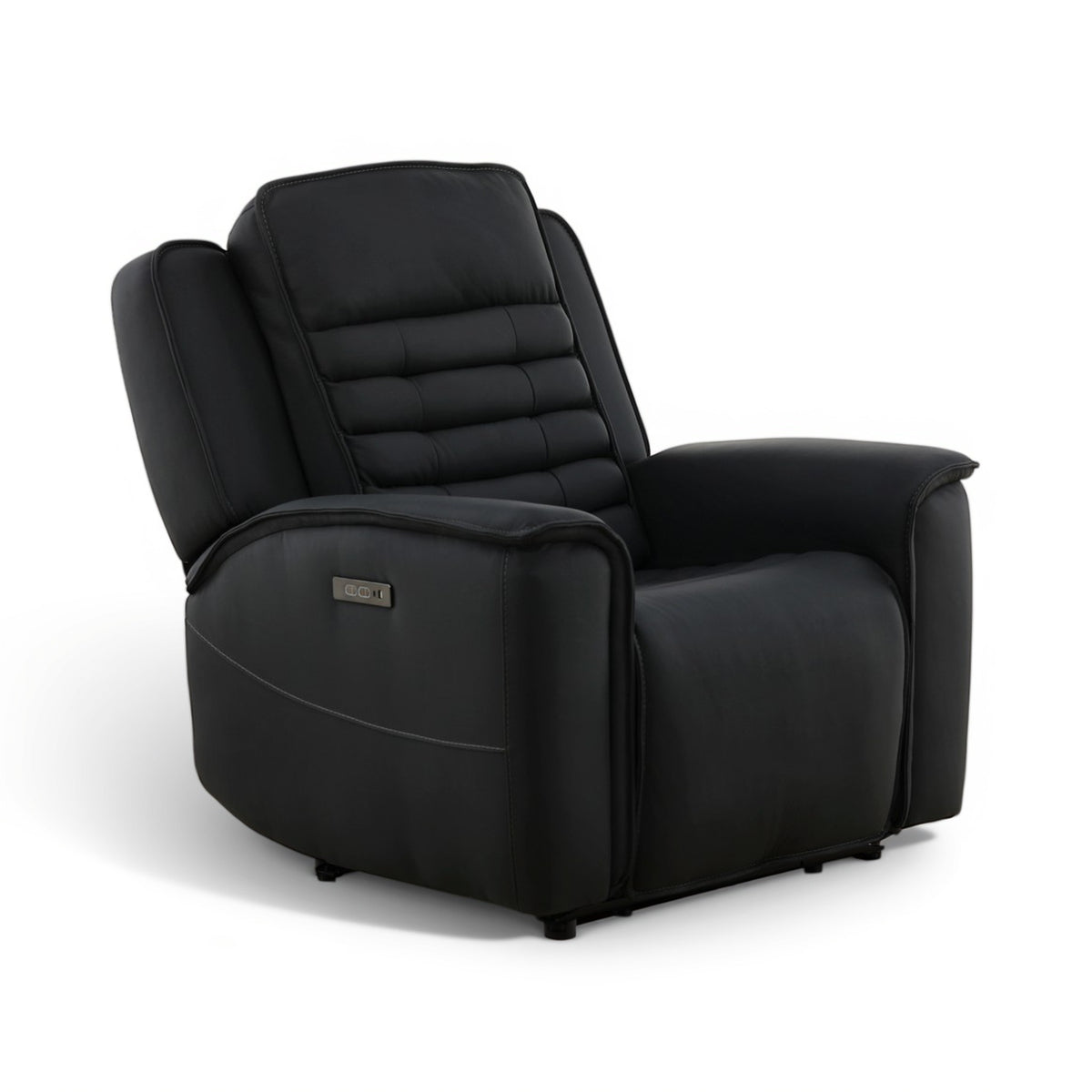 Black leather power recliner with padded armrests and quilted backrest, upright
