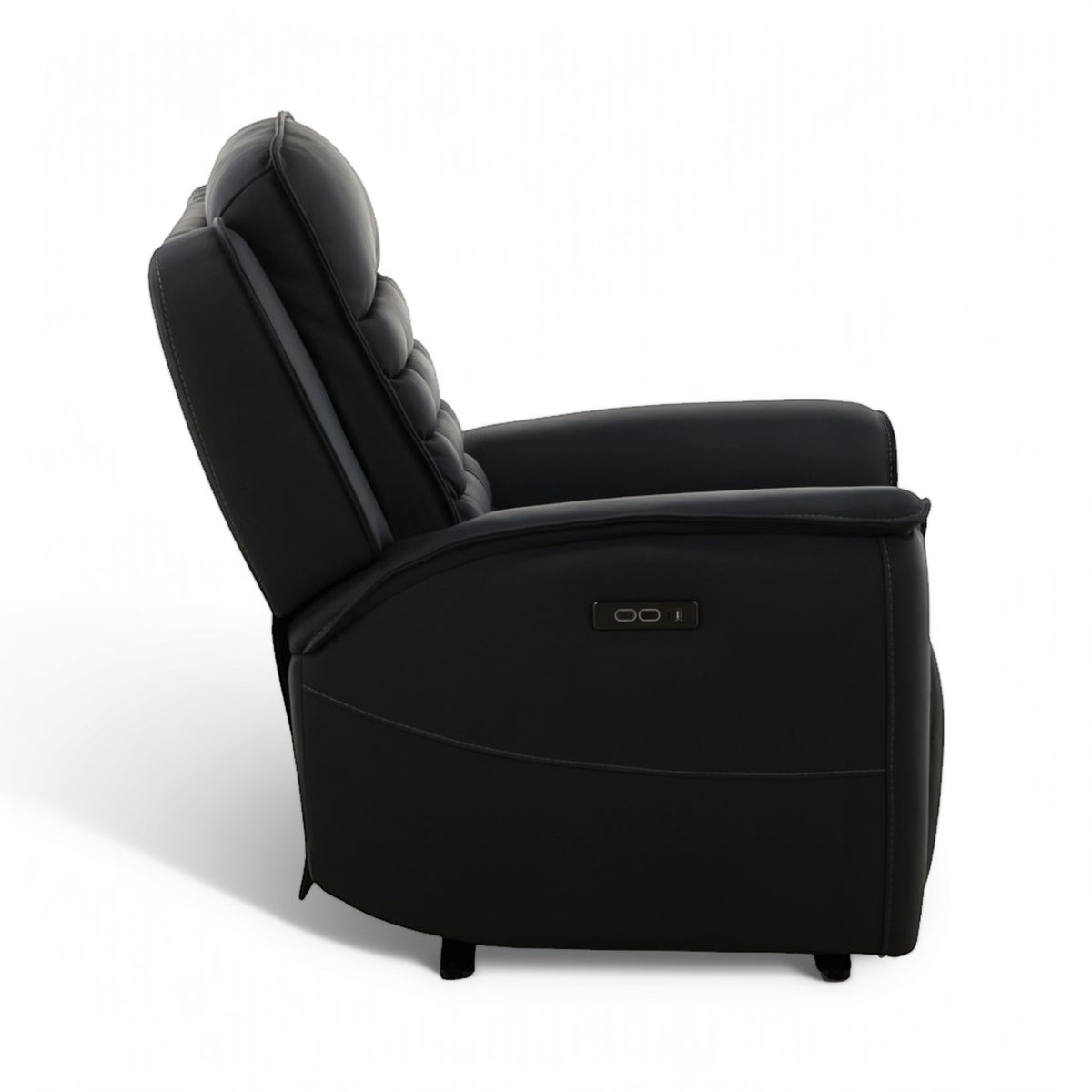 Black leather power recliner side view with tall headrest and rounded armrests