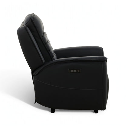 Black leather power recliner side view with tall headrest and rounded armrests