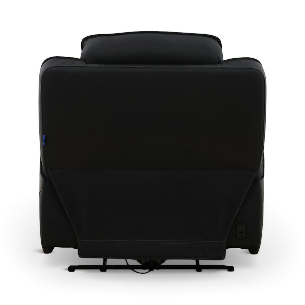 Black leather power recliner back view with open base and visible power controls