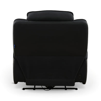 Black leather power recliner back view with open base and visible power controls