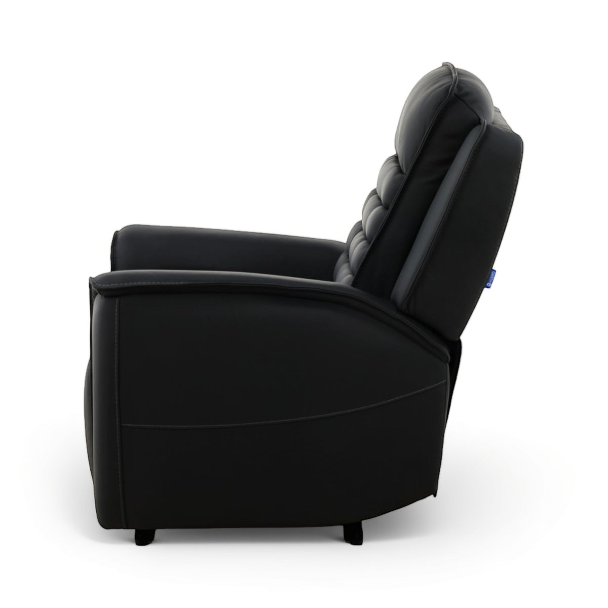 Black leather power recliner with reclined seat and curved backrest, footrest up
