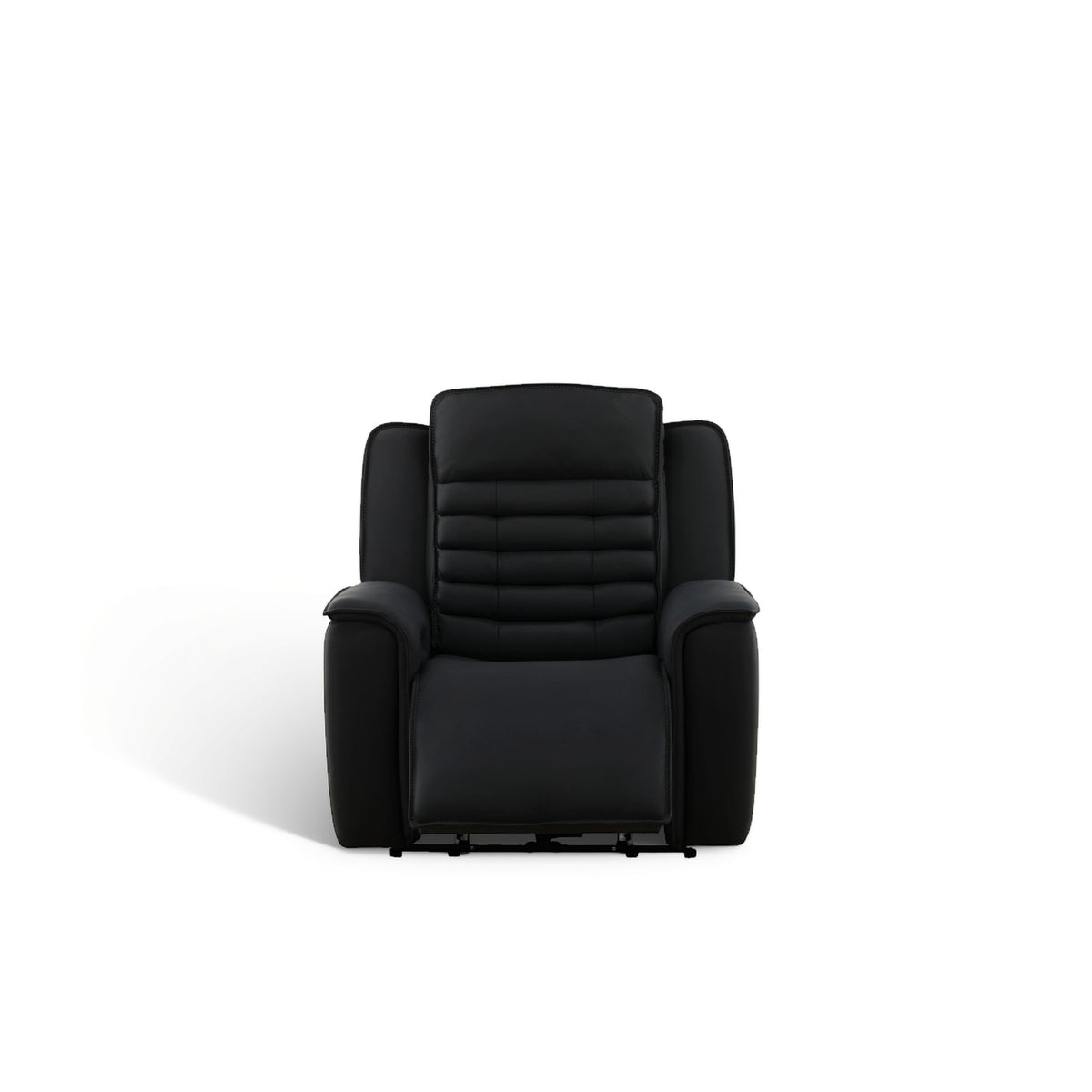 Black leather power recliner with padded headrest and quilted back, upright