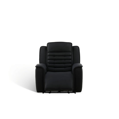 Black leather power recliner with padded headrest and quilted back, upright