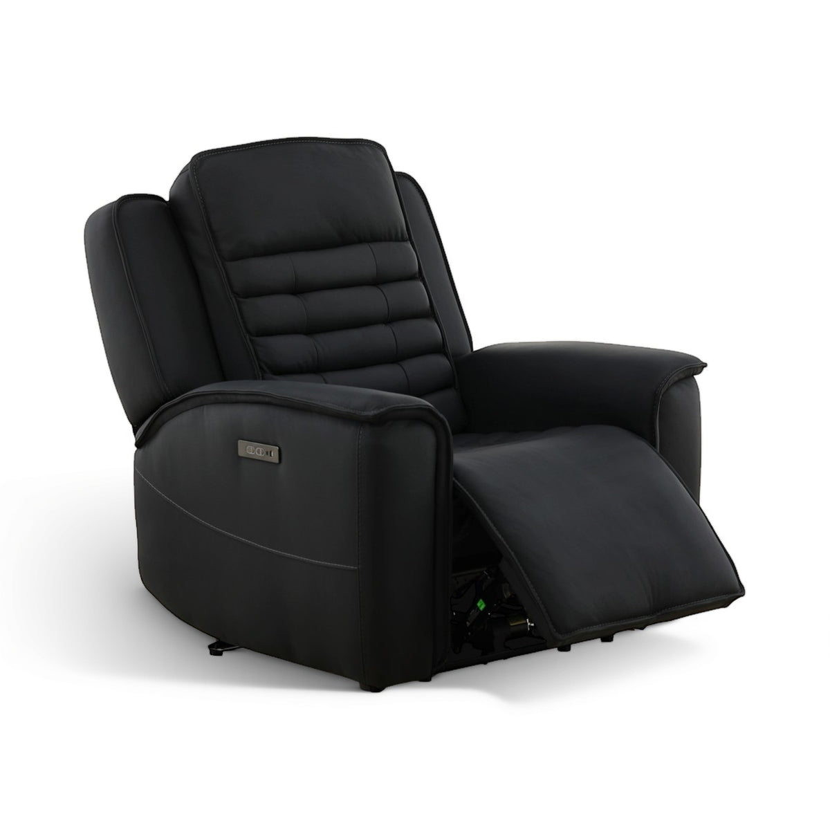 Black leather power recliner side view with extended footrest and side control panel