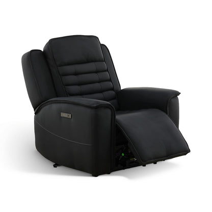 Black leather power recliner side view with extended footrest and side control panel