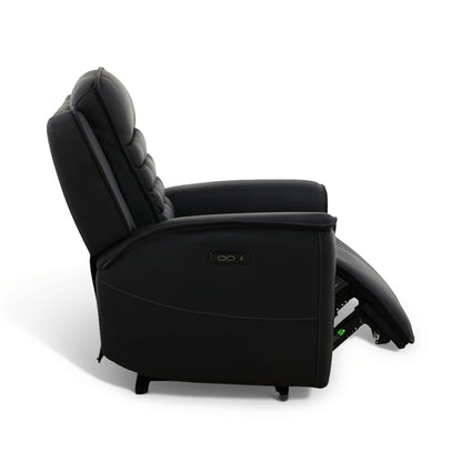 Black leather power recliner with extended footrest and tall headrest, reclined