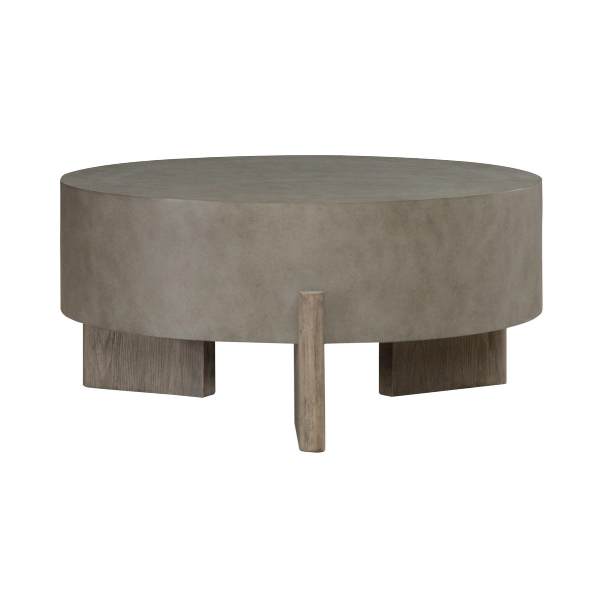 Round gray coffee table with thick top and tapered block legs