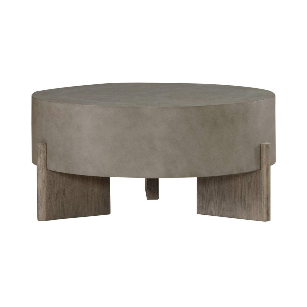 Round gray coffee table with suede-look top and four block legs