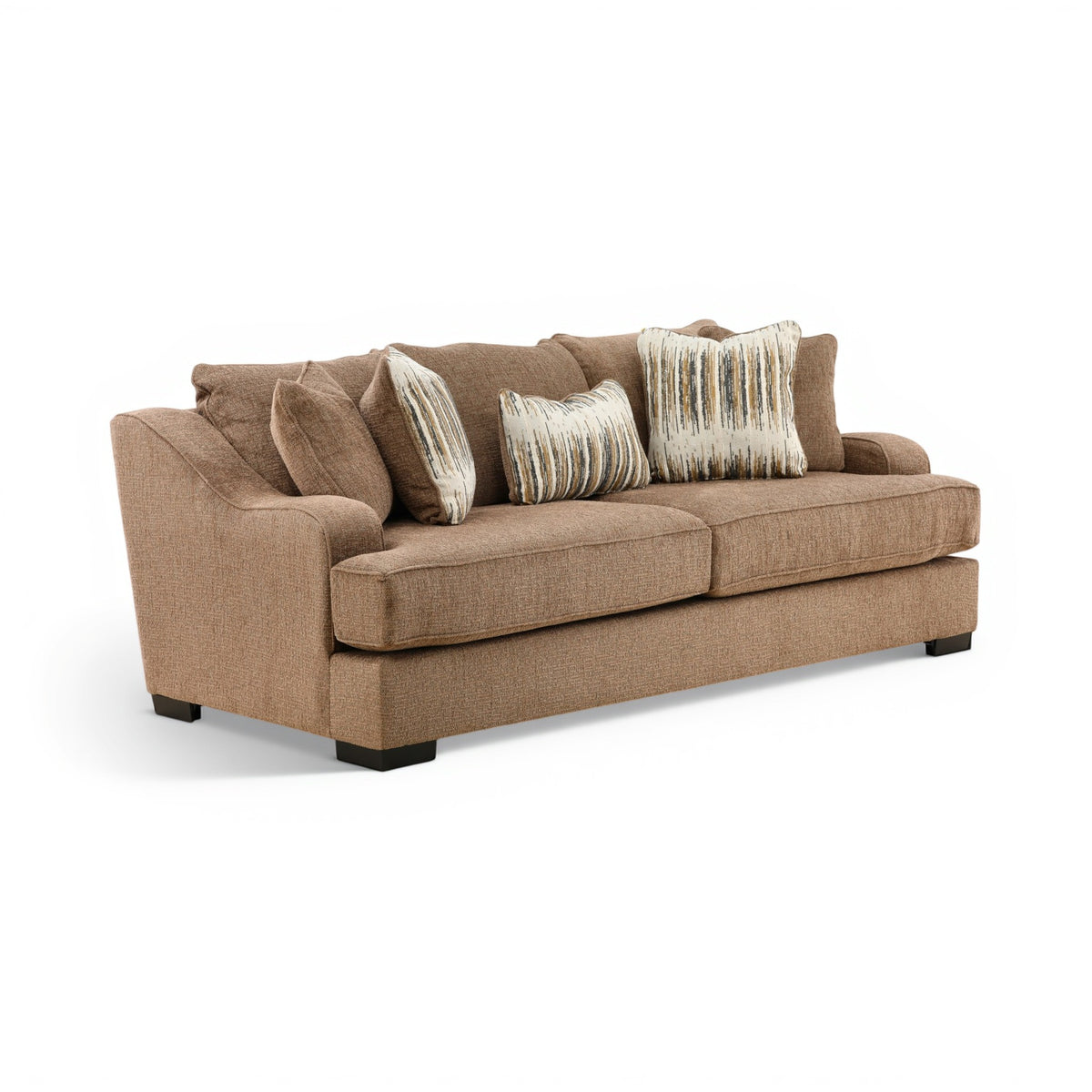 Brown upholstered sofa with black legs and three striped accent pillows