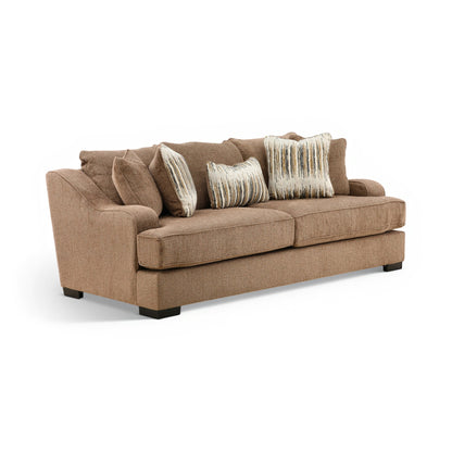 Brown upholstered sofa with black legs and three striped accent pillows