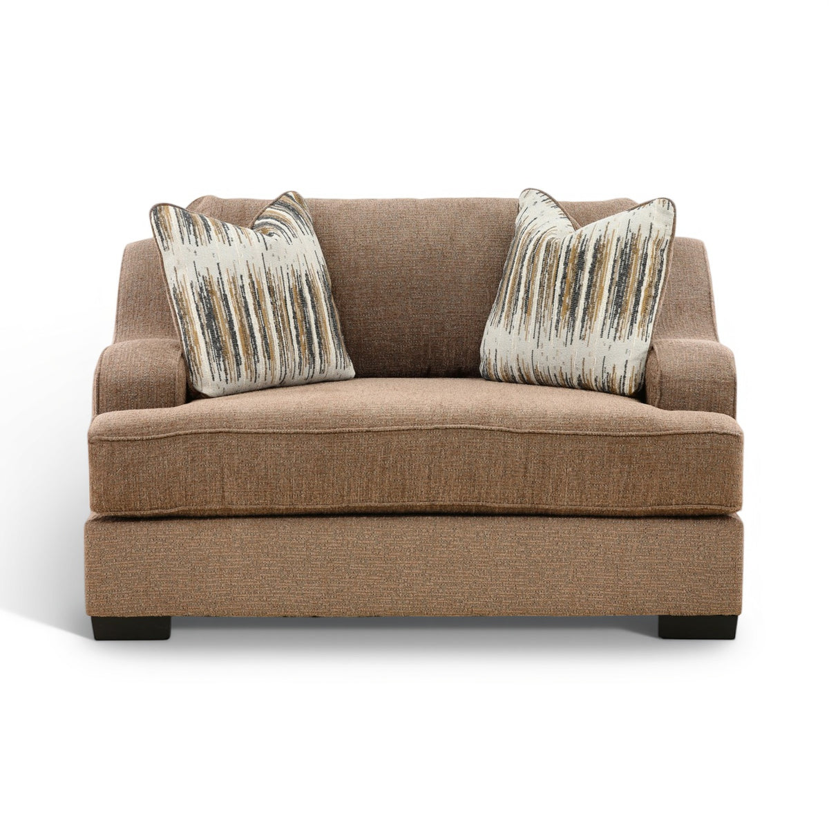 Two-cushion accent chair in brown fabric with two vertical-stripe throw pillows